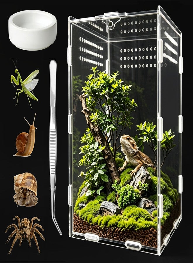 GTSEEMUU Jumping Spider Enclosure, Insect Terrarium, Bug Cage, Acrylic Terrarium for Tarantula, Snail, Praying Mantis, Frog, and Small Reptiles, Includes Tweezer and Bowl, (5.9" x 5.9" x 9.8") - Image 1