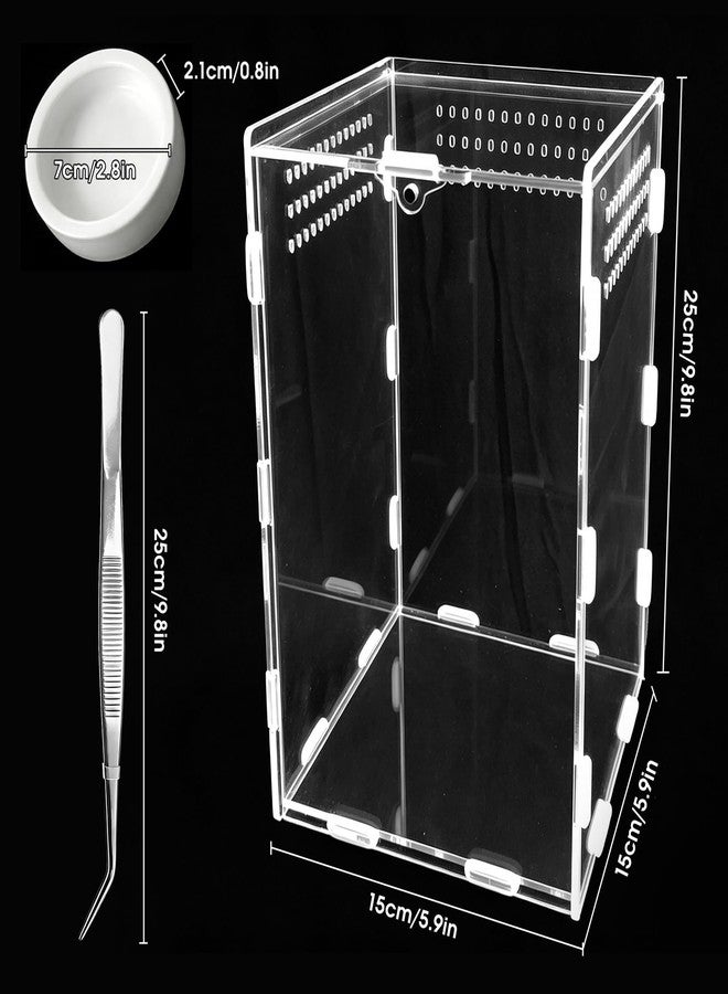 GTSEEMUU Jumping Spider Enclosure, Insect Terrarium, Bug Cage, Acrylic Terrarium for Tarantula, Snail, Praying Mantis, Frog, and Small Reptiles, Includes Tweezer and Bowl, (5.9" x 5.9" x 9.8") - Image 3