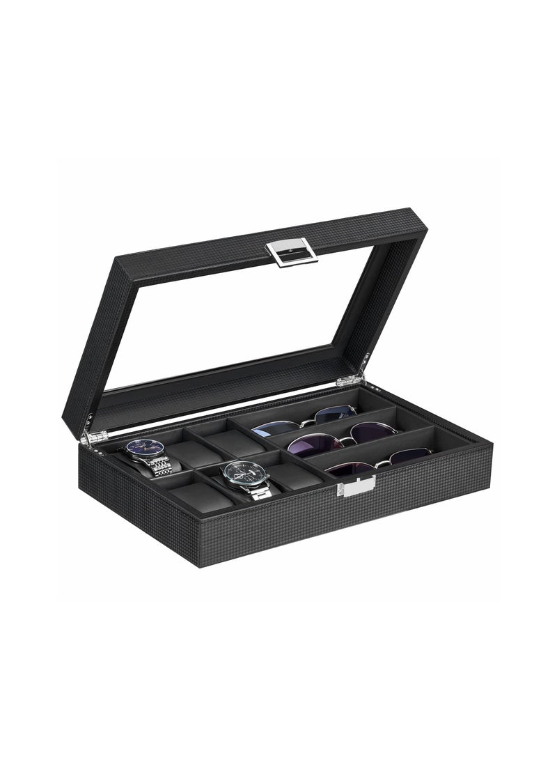Watch Box Sunglass Organizer with Real Glass Top 6 Watch Case and 3 Slots Sunglasses Box for Men Carbon Fiber Design Black - Image 1