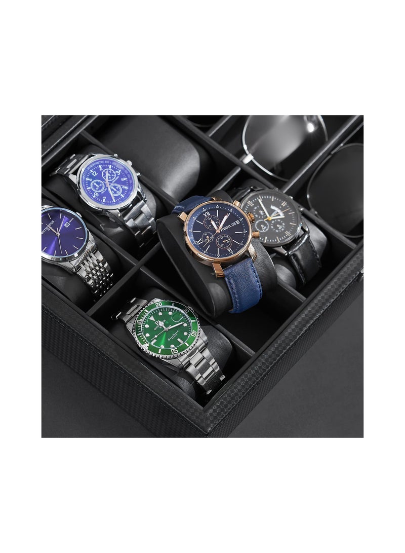 Watch Box Sunglass Organizer with Real Glass Top 6 Watch Case and 3 Slots Sunglasses Box for Men Carbon Fiber Design Black - Image 4