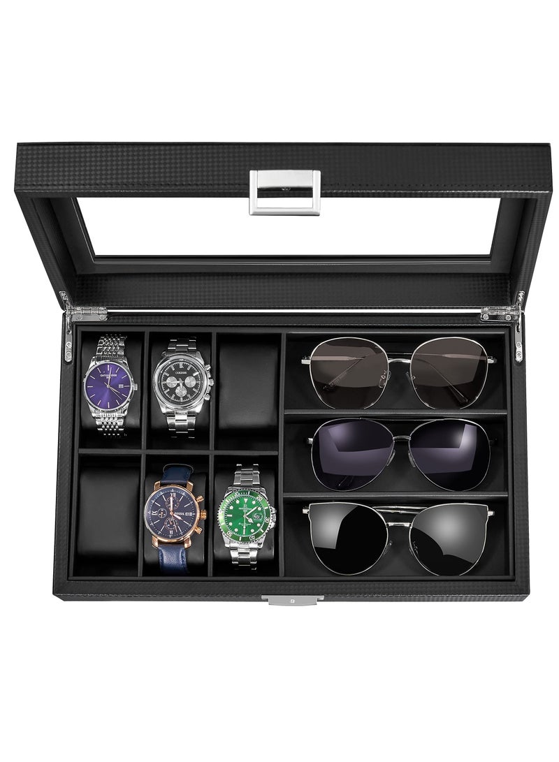 Watch Box Sunglass Organizer with Real Glass Top 6 Watch Case and 3 Slots Sunglasses Box for Men Carbon Fiber Design Black - Image 3