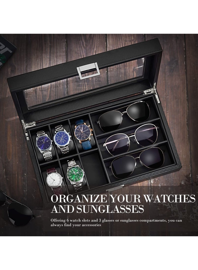 Watch Box Sunglass Organizer with Real Glass Top 6 Watch Case and 3 Slots Sunglasses Box for Men Carbon Fiber Design Black - Image 5