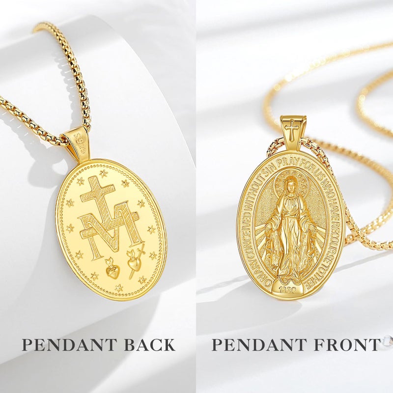 EUDORA Virgin Mary Necklace Miraculous Medal for Women Men S925 Sterling Silver 18K Gold-Plated, Blessed Mother Medal Virgin Mother Mary Virgencita Pendant Jewelry Gift for Womens Men, 22"+2" - Image 2
