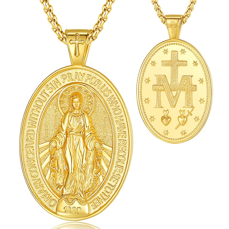 EUDORA Virgin Mary Necklace Miraculous Medal for Women Men S925 Sterling Silver 18K Gold-Plated, Blessed Mother Medal Virgin Mother Mary Virgencita Pendant Jewelry Gift for Womens Men, 22"+2" - Image 1