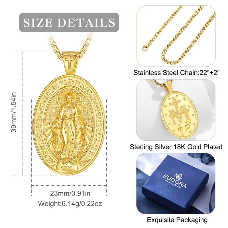 EUDORA Virgin Mary Necklace Miraculous Medal for Women Men S925 Sterling Silver 18K Gold-Plated, Blessed Mother Medal Virgin Mother Mary Virgencita Pendant Jewelry Gift for Womens Men, 22"+2" - Image 3