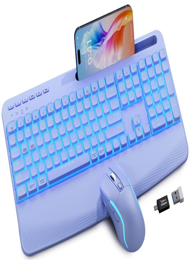 SABLUTE Purple Keyboard and Mouse Wireless Combo, 4000mAh Rechargeable Backlit Quiet Keyboards mice Set, USB Ergonomic Key Board with Wrist Rest & Phone Holder for PC, Mac, Windows, Natural Soft Typing - Image 1