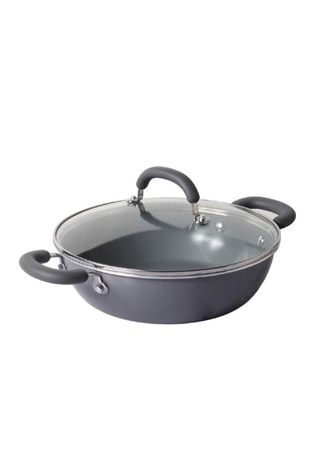 Meyer Anzen Ceramic Coated Aluminum Kadai with Glass Lid | Ceramic Kadai for Cooking | Kadhai Induction Base | Ceramic Coated Non Stick cookware | Deep Fry kadai, 24cm, Grey - Image 1