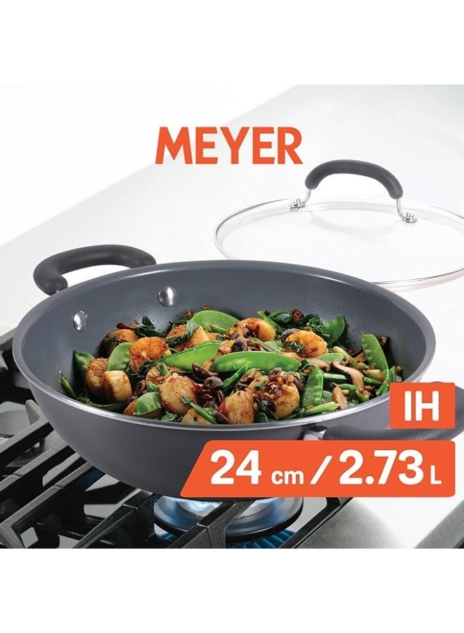 Meyer Anzen Ceramic Coated Aluminum Kadai with Glass Lid | Ceramic Kadai for Cooking | Kadhai Induction Base | Ceramic Coated Non Stick cookware | Deep Fry kadai, 24cm, Grey - Image 2
