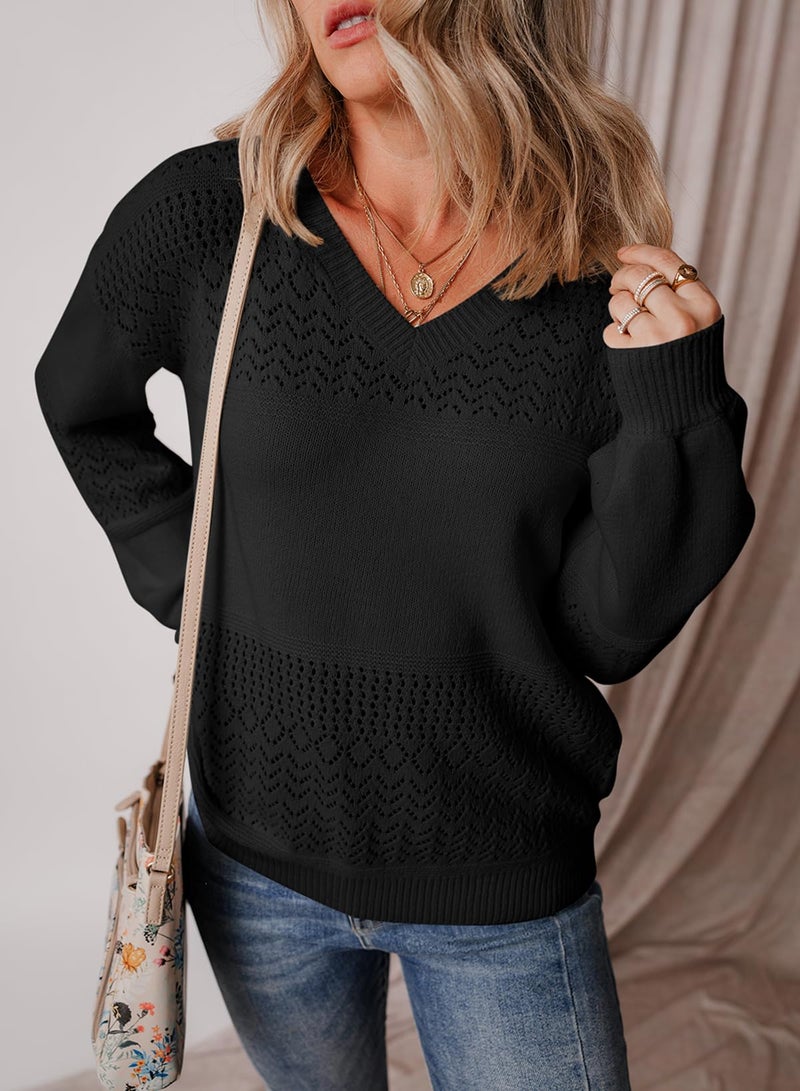 Shein SHEWIN Womens Fall Fashion Crochet Sweaters Casual Lightweight Long Sleeve Hollow Out Sweater Tops V Neck Cable Knit Pullover Jumper Fall Outfits for Women 2025, M, Black - Image 2