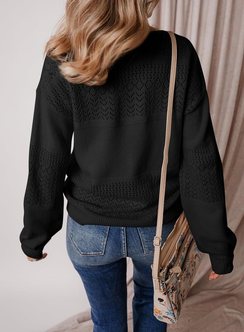 Shein SHEWIN Womens Fall Fashion Crochet Sweaters Casual Lightweight Long Sleeve Hollow Out Sweater Tops V Neck Cable Knit Pullover Jumper Fall Outfits for Women 2025, M, Black - Image 3