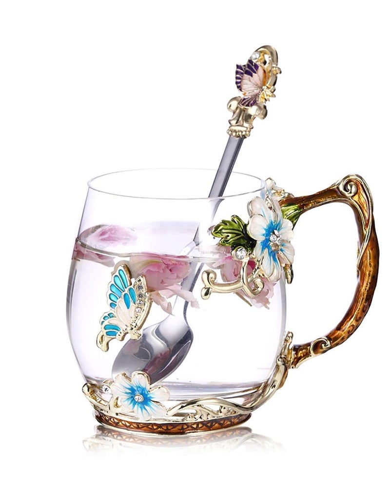 Luka Tech Handmade Enamel Butterfly Flower Glass Coffee Mugs Tea Cup with SpoonBirthday Gifts for Her Women Mum Friends Valentines Mothers DayBlue