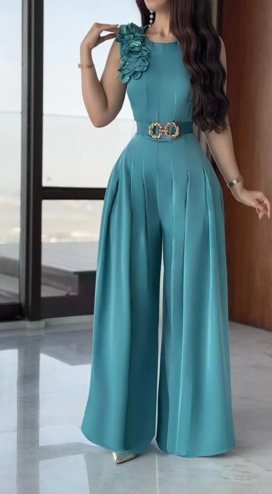 Opera Fashion Sky Blue Satin Jumpsuit with Belt