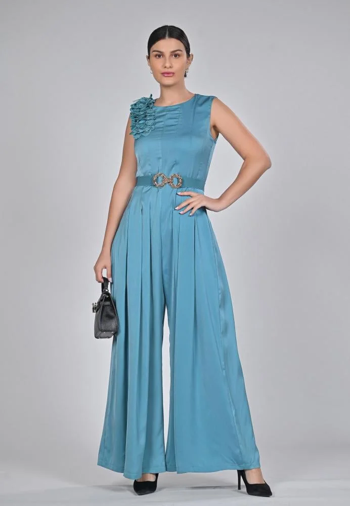 Opera Fashion Sky Blue Satin Jumpsuit with Belt
