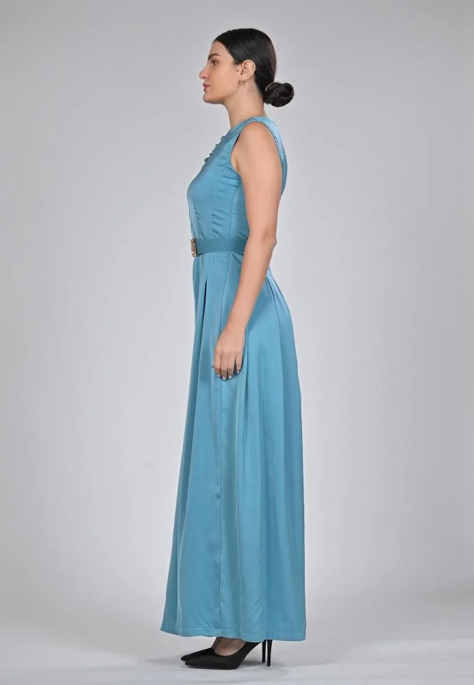 Opera Fashion Sky Blue Satin Jumpsuit with Belt