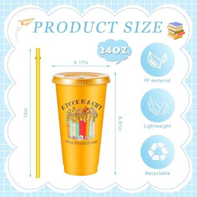 Chuangdi 12 Pcs Book Lovers Gifts 24 oz Reusable Plastic Tumbler with Lids and Straw Book Club Bookworms Gifts for Reader Librarian Office Coworkers (Multicolor) - Image 2
