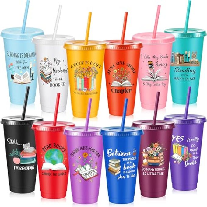 Chuangdi 12 Pcs Book Lovers Gifts 24 oz Reusable Plastic Tumbler with Lids and Straw Book Club Bookworms Gifts for Reader Librarian Office Coworkers (Multicolor) - Image 1