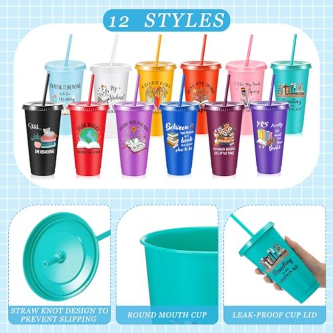 Chuangdi 12 Pcs Book Lovers Gifts 24 oz Reusable Plastic Tumbler with Lids and Straw Book Club Bookworms Gifts for Reader Librarian Office Coworkers (Multicolor) - Image 3