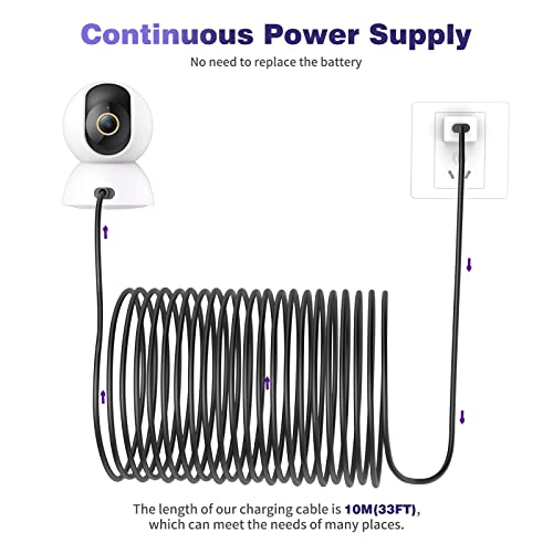 iMangoo USB to USB C Power Cable for CCTV Camera, 33FT Type C Long Power Extension Cable for Tapo TP-Link Xiaomi Mi eufy Security Camera Outdoor Indoor Cord with 10 Wire Clips Cable Nails Black - Image 3