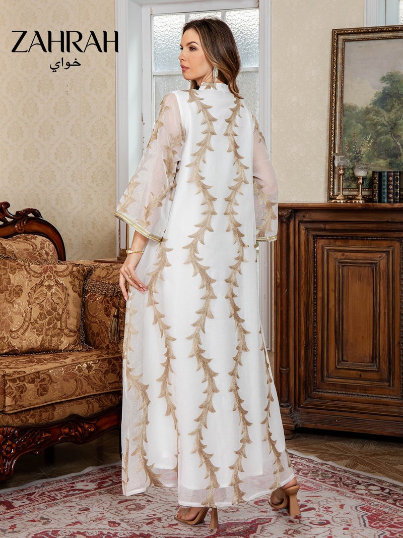 زهرة النساء الفاخرة شبكة أبايا مع التطريز الذهبي ، فستان طويل من قطعتين ، حفل أنيق وملابس ضيف الزفاف - Image 2