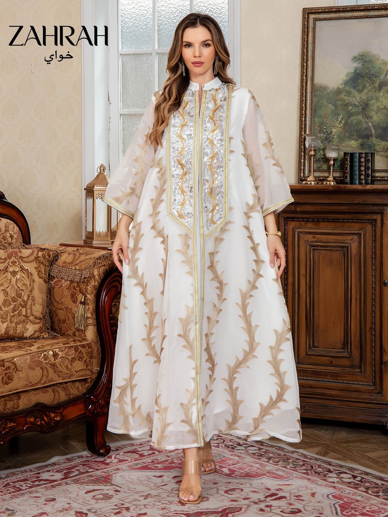 زهرة النساء الفاخرة شبكة أبايا مع التطريز الذهبي ، فستان طويل من قطعتين ، حفل أنيق وملابس ضيف الزفاف - Image 1