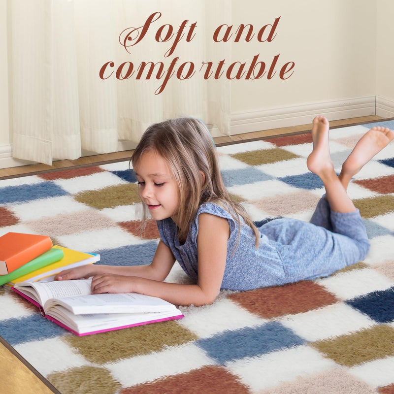 TOOHUB Super Soft Rug for Bedroom  5x7 Ft Rainbow Area Rug Classic Checkered Shaggy Rug Anti-Skid High Pile Soft Fluffy Fuzzy Carpet for Living Room Bedroom Kids Room Nursery  Dorm Home Decor - Image 3