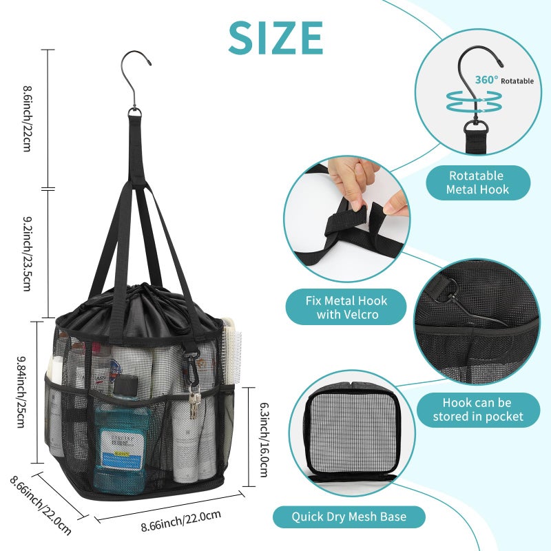 onemoky Mesh Shower Caddy Portable for College Dorm Room Essentials, Shower Tote Bag with Hanging Hook and Drawstring, Quick Dry Toiletry Bag with 6 Pockets for Bathroom, Swimming, Gym, Camping, Beach, Travel - Image 5