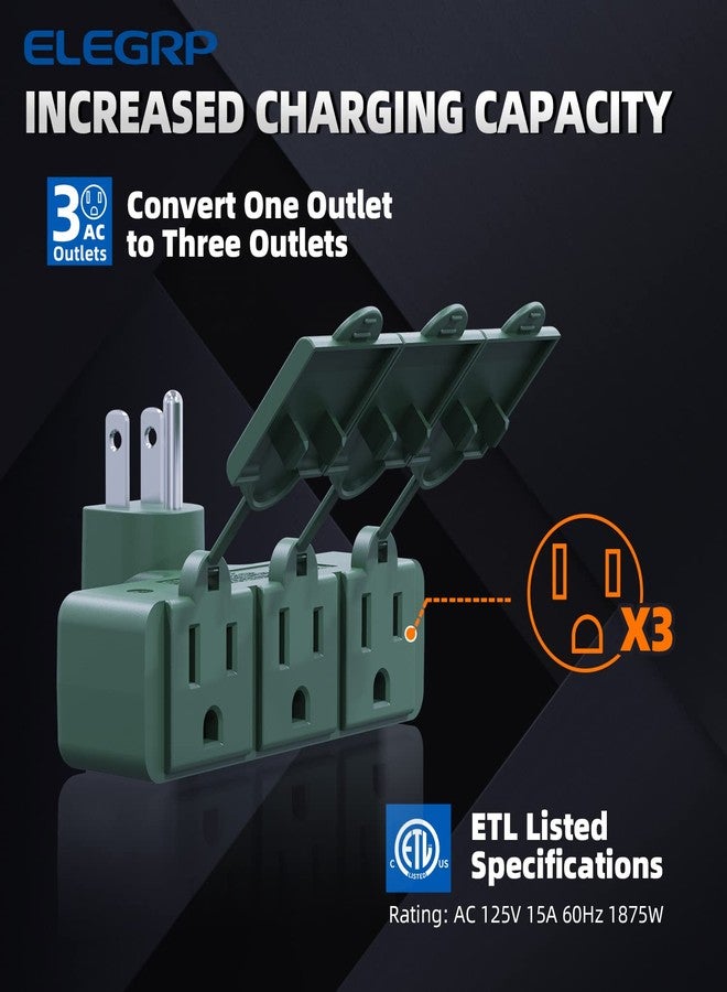 ELEGRP 3-Prong Weatherproof 3-Outlet Extender Adapter, Heavy Duty Triple Grounding Outlet Power Extender with Dust-proof Cover, Indoor/Outdoor Use, ETL Listed, 1 Pack, Green - Image 2
