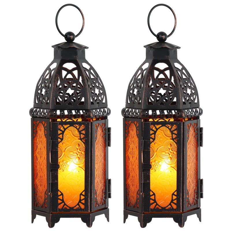 DECORKEY Set of 2 Moroccan Lanterns Decoration Indoor and Outdoor Use, 35 cm Medium Vintage Metal Hanging and Table Top Candle Holder Decor, Halloween Christmas Ramadan Decorations for Home - Image 1
