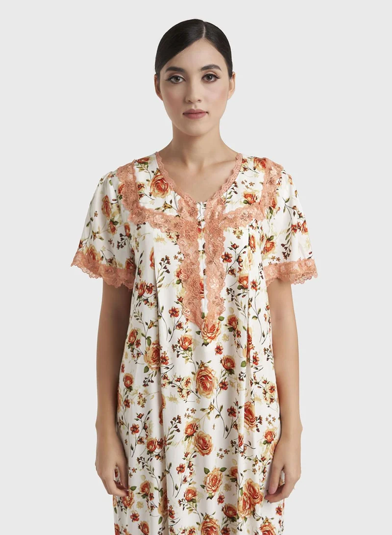 كشخة Rust Floral Print Rayon Mini Nightwear Dress (CNH485)
