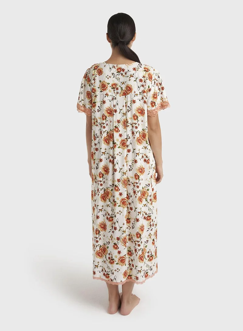 Kashkha  Rust Floral Print Rayon Mini Nightwear Dress (CNH485) for Women | Best Price UAE