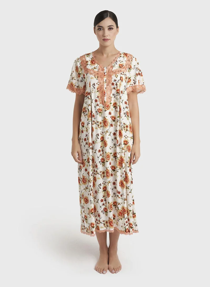 كشخة Rust Floral Print Rayon Mini Nightwear Dress (CNH485)