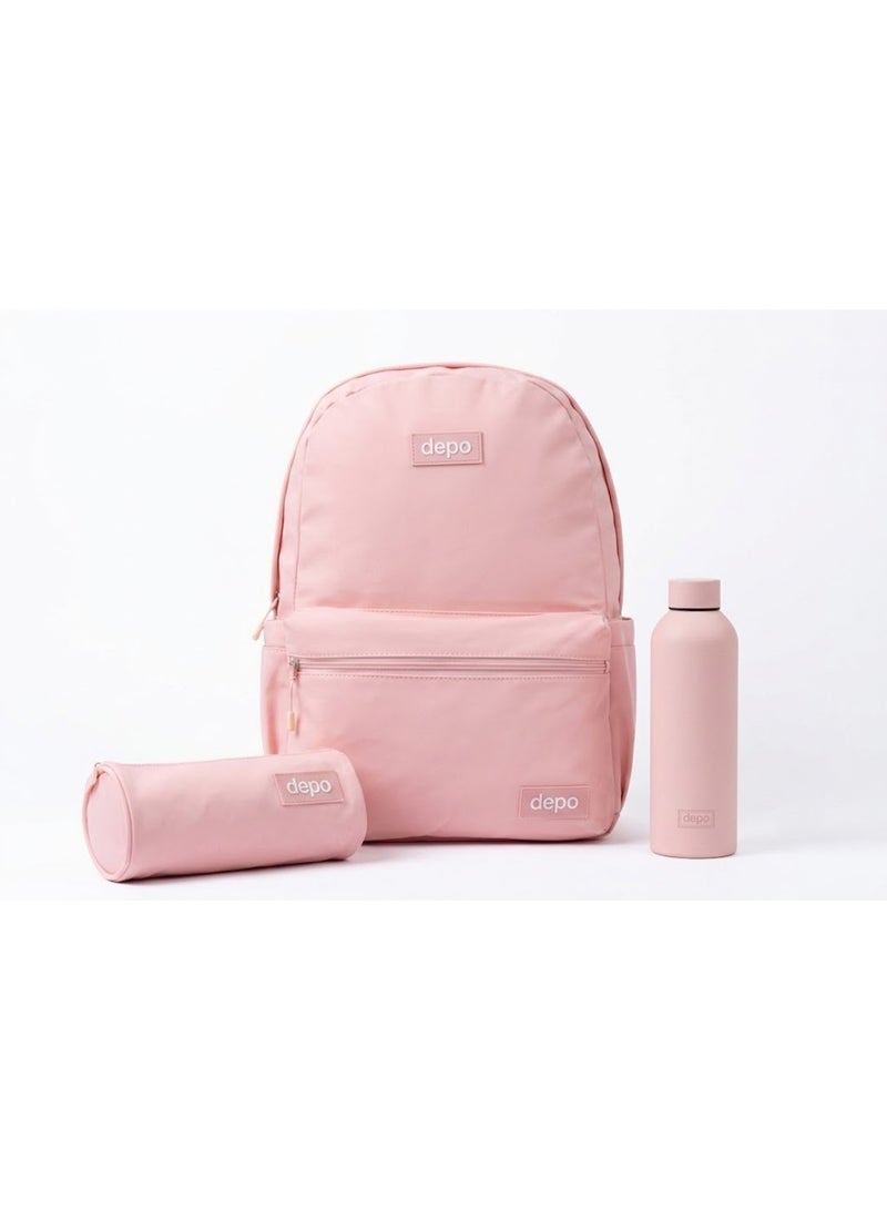 Depo 3-Piece Backpack Set with Pencil Case & Water Bottle – Lightweight School Backpack for Kids, Teens & Everyday Use – Pastel Pink - Image 3