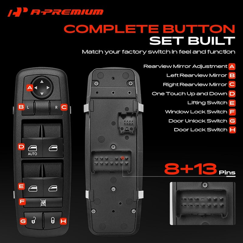 A-Premium Power Master Window Switch Compatible with Jeep & Dodge Models - Liberty 2008-2012, Journey 2009-2010, Nitro 2007-2011 - 8+13 Pins - Front Driver - Replace# 4602632AH, 4602632AB, 04602632AC - Image 4