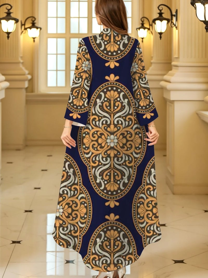 Luxury Oval Floral Scroll Ornament Print Flare Long‑Sleeve Loose‑Fit Abaya - Image 4