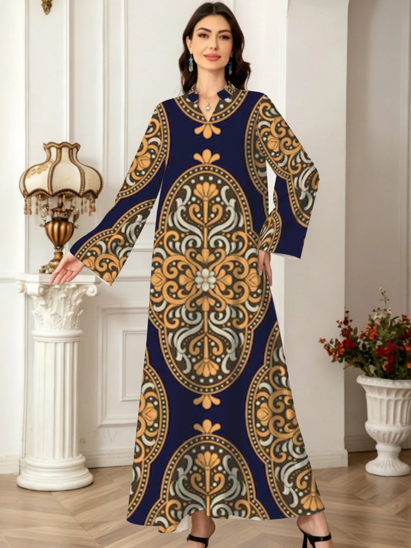 Luxury Oval Floral Scroll Ornament Print Flare Long‑Sleeve Loose‑Fit Abaya - Image 2