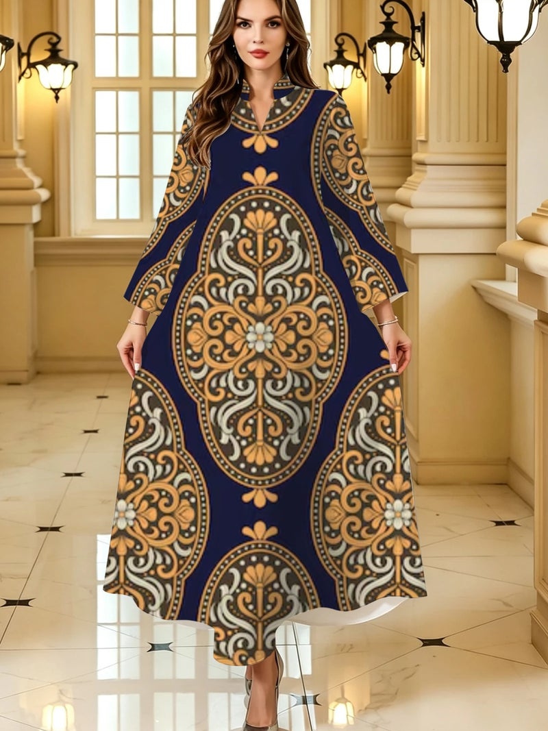 Luxury Oval Floral Scroll Ornament Print Flare Long‑Sleeve Loose‑Fit Abaya - Image 1
