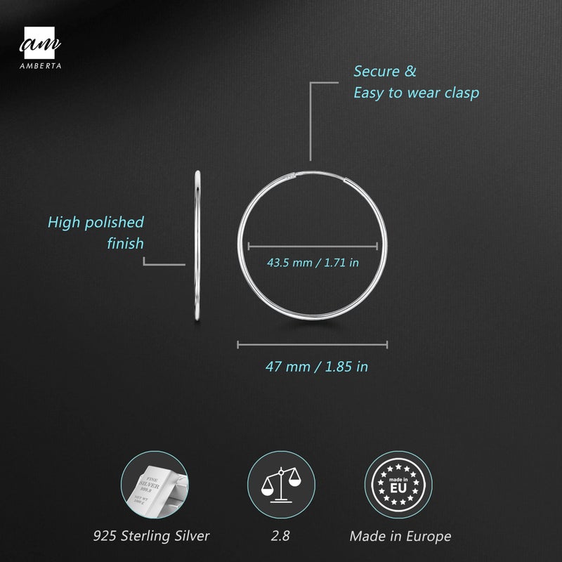 Amberta® 925 Sterling Silver Fine Circle Endless Hoops - Polished Round Sleeper Earrings Diameter Size: 20 30 40 60 75 mm (40mm) - Image 3