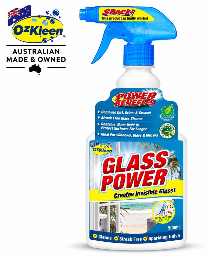Ozkleen أوز كلين جلاس باور بخاخ تنظيف الزجاج والنوافذ 500 مل صناعة أسترالية ومملوك في أستراليا منظف مرايا مزيل الأوساخ والدهون بتقنية النانو يمنح لمعاناً خالياً من الخطوط للزجاج والأسطح الزجاجية - Image 1