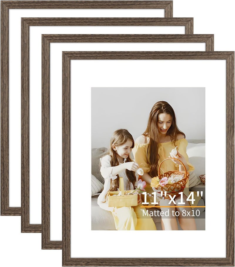 ATOBART مجموعة إطارات صور ATOBART 11x14 من 4 قطع، تعرض 8x10 مع حصيرة أو 11x14 بدون حصيرة، إطارات صور للتعليق على الحائط أو الطاولة، تشمل زجاج بليكسيجلاس عالي الوضوح، بني جودة موثوقة عامة - Image 1