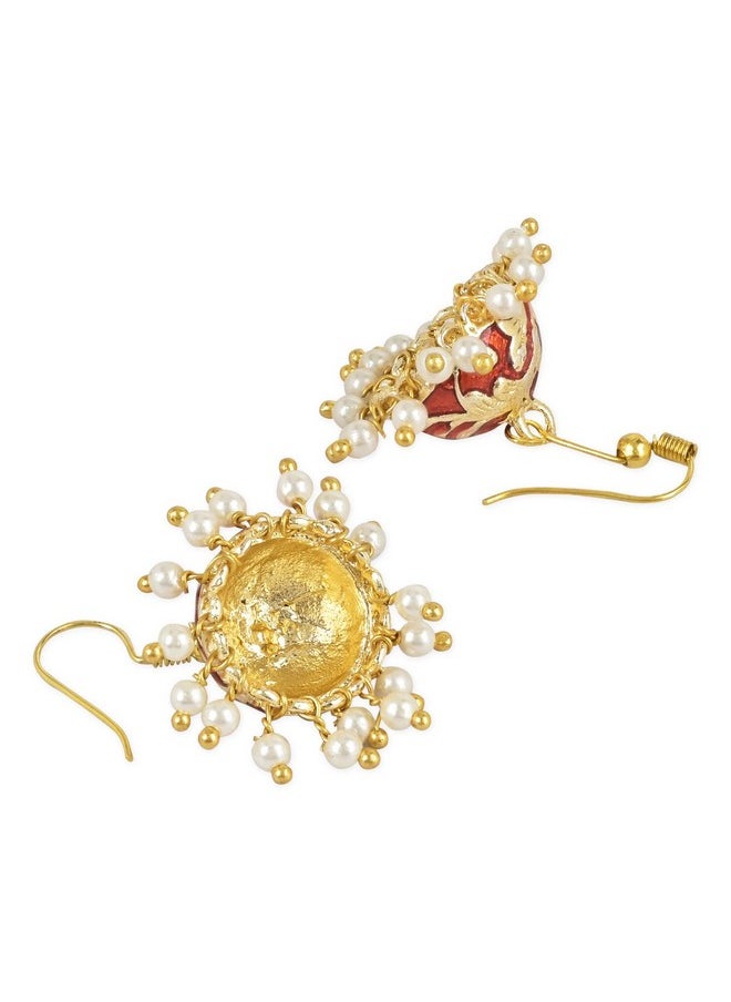 I Jewels I Jewels 18K Gold Plated Traditional Handcrafted Meena Work Jhumka Earring Glided With Pearls For Women (E2547) (Maroon)  - Image 3