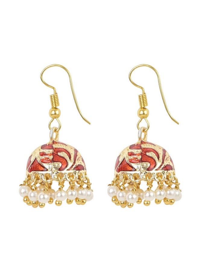 I Jewels I Jewels 18K Gold Plated Traditional Handcrafted Meena Work Jhumka Earring Glided With Pearls For Women (E2547) (Maroon)  - Image 1