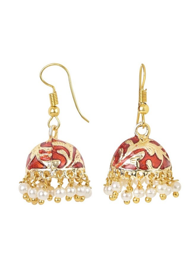 I Jewels I Jewels 18K Gold Plated Traditional Handcrafted Meena Work Jhumka Earring Glided With Pearls For Women (E2547) (Maroon)  - Image 2
