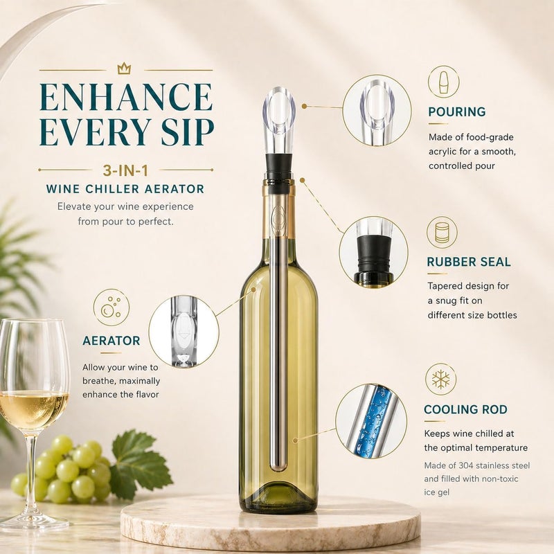 Newward Wine Chiller, 3-in-1 Stainless Steel Wine Bottle Cooler Stick - Rapid Iceless Wine Chilling Rod with Aerator and Pourer - The Best Wine Accessories Gift - Image 2