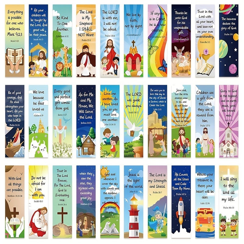 30-Pack Bible Verse Bookmarks, Cartoon Paper, DIY Page Markers, Religious Gifts, Colorful Illustrations - Image 5