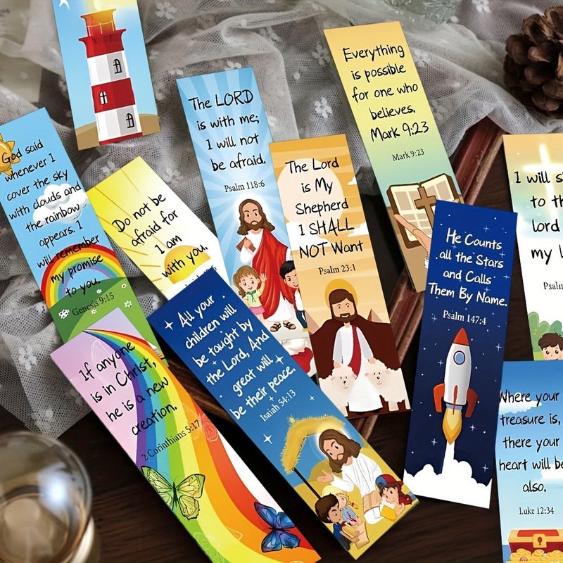 30-Pack Bible Verse Bookmarks, Cartoon Paper, DIY Page Markers, Religious Gifts, Colorful Illustrations - Image 2