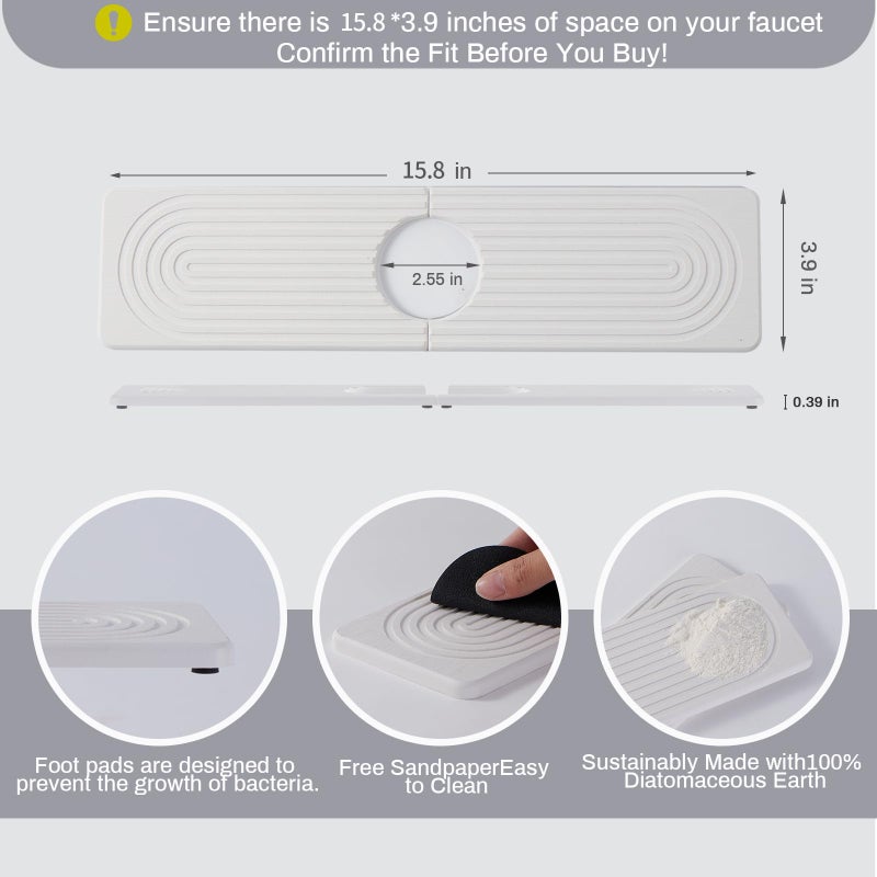 Fatilin Stone Faucet Mat for Kitchen Sinkï¼ŒSuper Absorbent Diatomite Fast Drying Stone and Bathroom Stone Tray for Counter Quick Drying Splash Guard,Prevents Moisture Buildup Sink(White,15.8" x 3.9") - Image 2