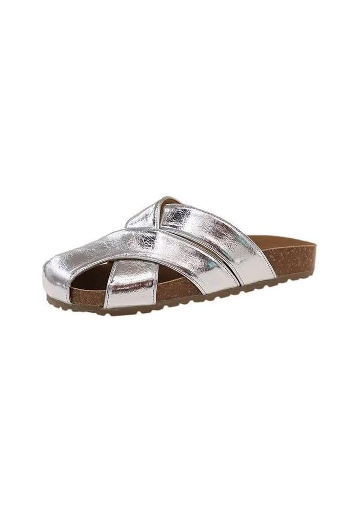 SincereWay Women Crisscross Cork Mules Closed Toe Flat Sandals Slip On Slide Backless Loafers - Image 1