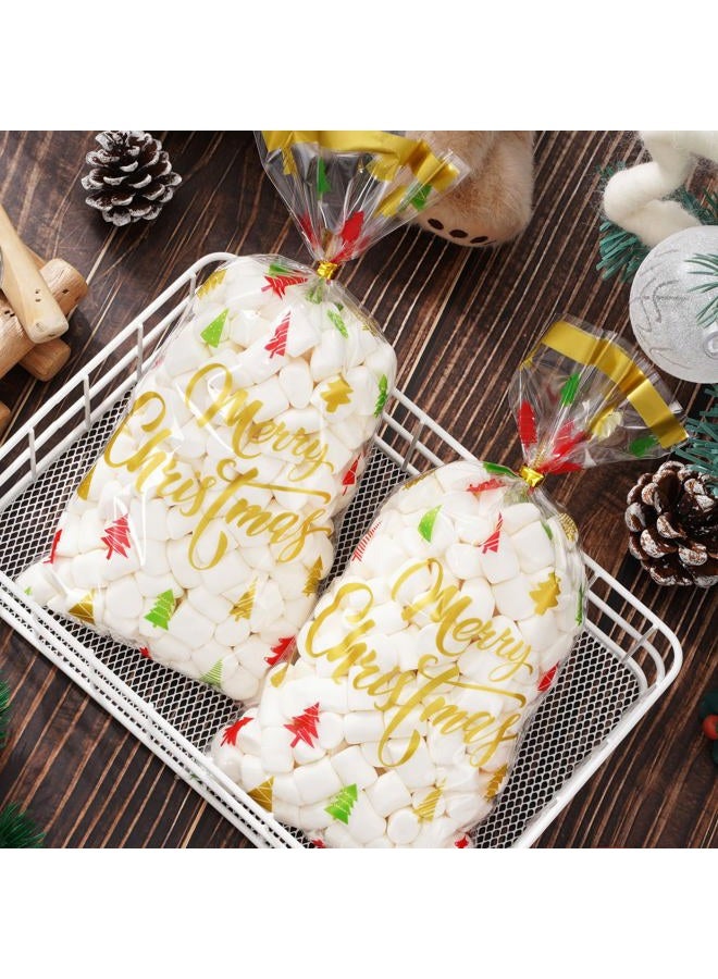 Whaline 150Pcs Christmas Cellophane Bags Red Green Gold Xmas Tree Print Candy Cookie Treat Bags Plastic Holiday Goodie Bags with Twist Tie - Image 3