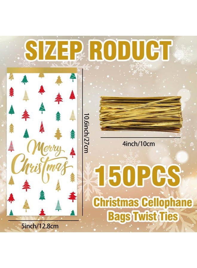 Whaline 150Pcs Christmas Cellophane Bags Red Green Gold Xmas Tree Print Candy Cookie Treat Bags Plastic Holiday Goodie Bags with Twist Tie - Image 2