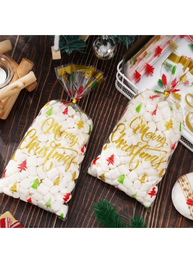 Whaline 150Pcs Christmas Cellophane Bags Red Green Gold Xmas Tree Print Candy Cookie Treat Bags Plastic Holiday Goodie Bags with Twist Tie - Image 4